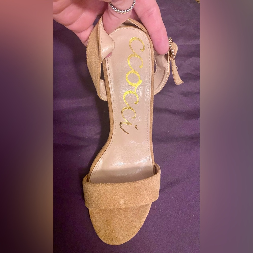 Vegan suede, ankle strap with buckle, rope wrapped 4” heel